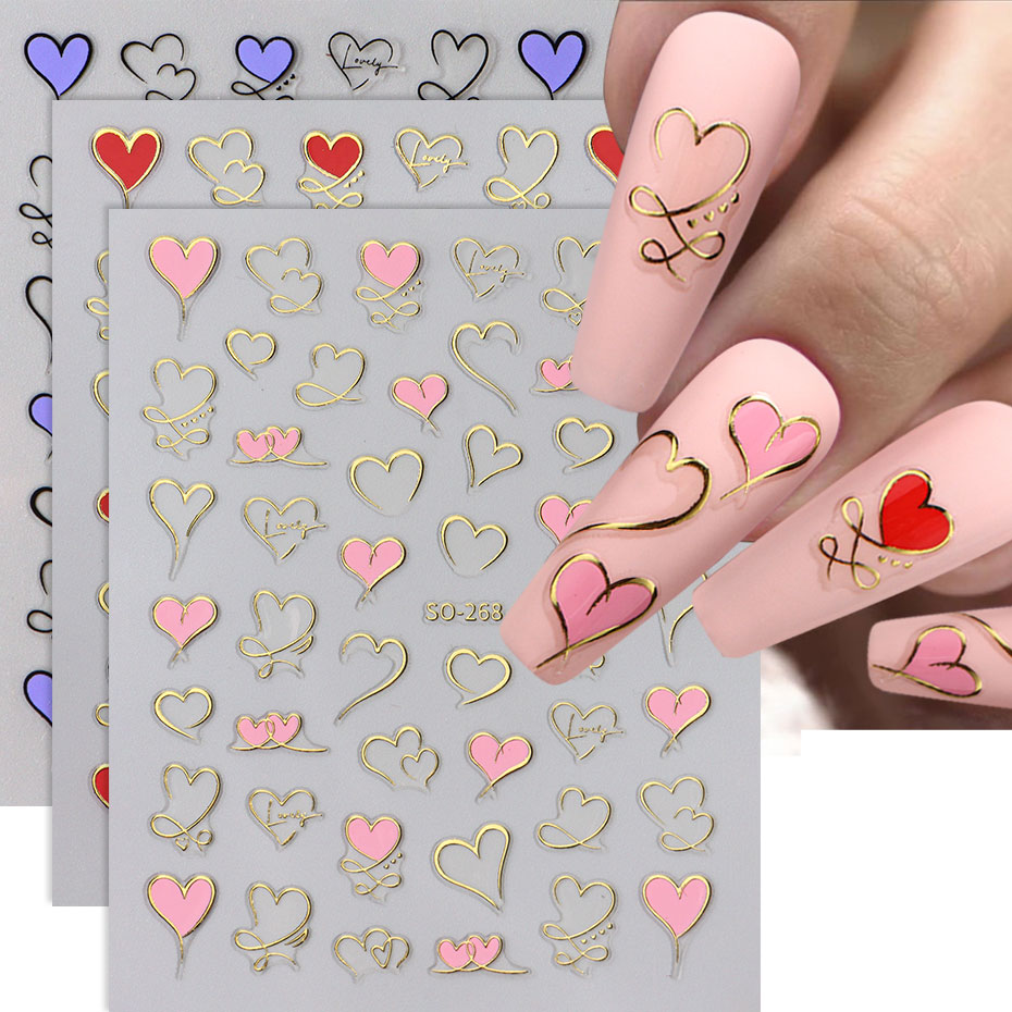 3 uds Y2K oro onda línea coraz - Nail Art Valentines Day reseña y precio